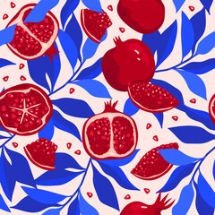 fresh fruit pattern with blue leaves and pomegranates. modern seamless background with fruits and leaves. hand drawn juicy pomegranates