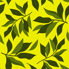Fototapeta na wymiar green leaves on an acidic background. bright juicy endless print with twigs and leaves.