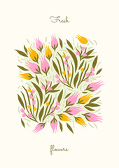 Fototapeta na wymiar cute flower arrangement of pink and yellow tulips. kitchen print
