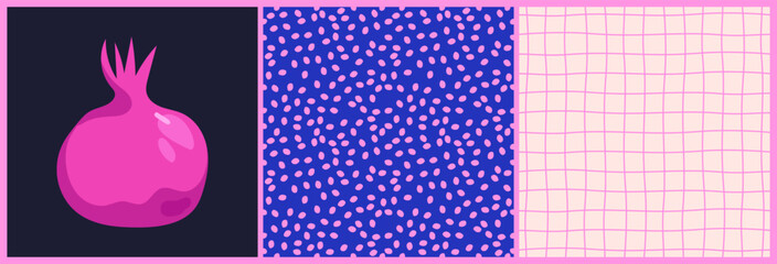 set of prints with pomegranate, mesh and dots. a modern selection of stylized prints in blue and pink.