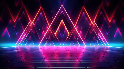 An enchanting neon stage adorned with shimmering pyramids of light, casting a mesmerizing glow on the surrounding space. Abstract futuristic neon light background. Generative AI