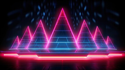 A neon light stage adorned with glowing pentagonal prisms, creating a mesmerizing interplay of light and shadow. Abstract futuristic neon light background. Generative AI