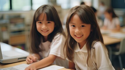 two girls enjoy participating in a computer lesson as a pair. generative AI