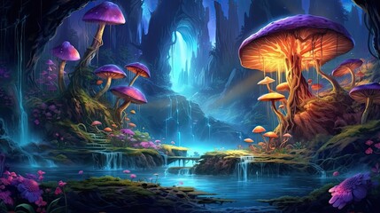 A mystical forest glen with glowing mushrooms and a cascading waterfall. Colorful illustration art. Generative AI