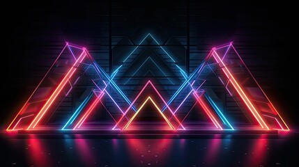 An abstract neon stage design with intersecting geometric shapes, casting a mesmerizing glow on the performers and surroundings. Abstract futuristic neon light background. Generative AI