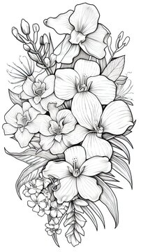 Cute Orchid flower in coloring page style illustration. Line art painting. Generative AI