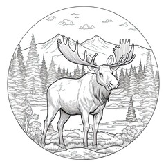 Moose animal line art illustration. Black and white coloring page style art. Generative AI