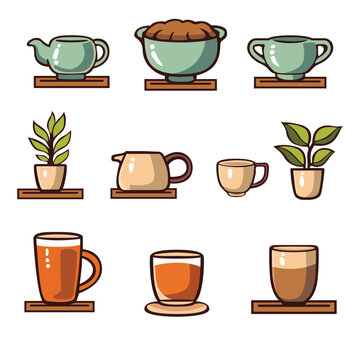 Big set of coffee related items and plants icons. Cafe and beverage colorful icons set. 