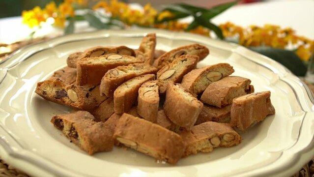 Closeup of Homemade Italian almond cantuccini biscuits