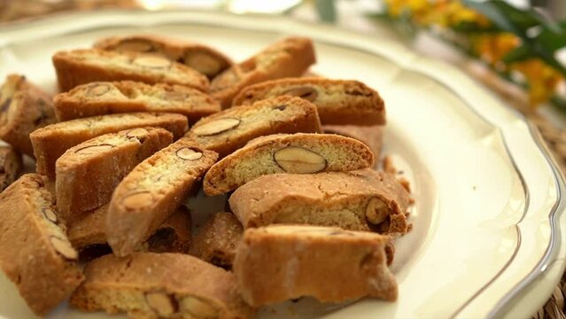 Closeup of Homemade Italian almond cantuccini biscuits 