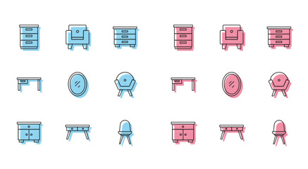 Set line Furniture nightstand, Office desk, Chair, Mirror, Armchair, and icon. Vector