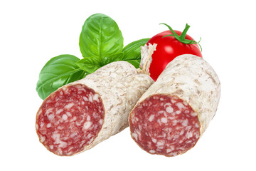 Cured salami sausage isolated on white background. Italian cuisine with full depth of field