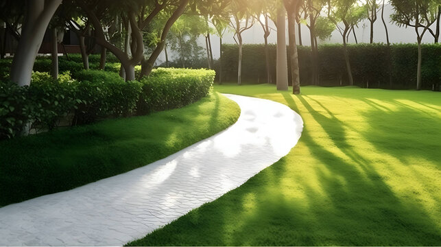 Path way across green grass with shadow of trees in beautiful garden. AI generative image