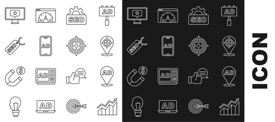 Set line Financial growth increase, Advertising, Target, SEO optimization, Monitor with star and icon. Vector