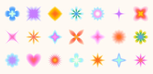 Vector set of  blurred gradient shapes in 90s style.Abstract blurry icons or symbols in y2k aesthetic.Aura design elements for banners,social media marketing,branding,packaging,covers