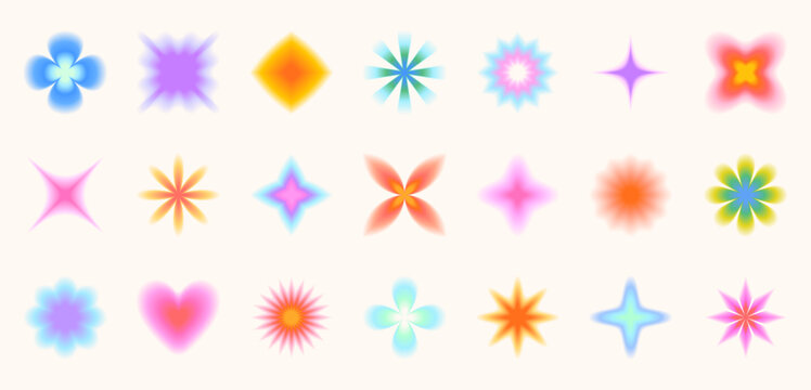 Vector set of  blurred gradient shapes in 90s style.Abstract blurry icons or symbols in y2k aesthetic.Aura design elements for banners,social media marketing,branding,packaging,covers