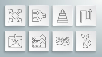 Set line Intersection point, Arrow, Graph, chart, diagram, Location, Pyramid infographics, and Many ways directional arrow icon. Vector