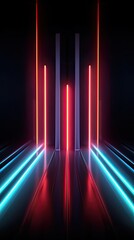 A futuristic neon stage featuring a cascade of luminous cubes, creating a dynamic and immersive visual experience. Abstract futuristic neon light background. Generative AI