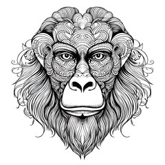 Ape animal line art illustration. Black and white coloring page style art. Generative AI