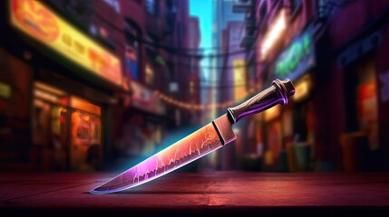 Knife on city background. Futuristic tool in colorful illustration. Generative AI