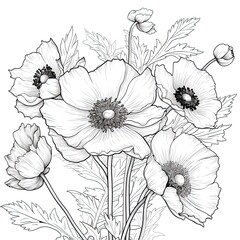 Fototapeta premium Cute Anemone flower in coloring page style illustration. Line art painting. Generative AI