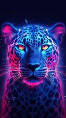 Neon light Leopard animal on black background. Portrait of glow light animal. Generative AI