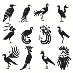 Quetzal silhouettes and icons. Black flat color simple elegant Quetzal animal vector and illustration.