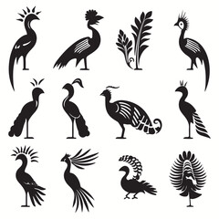 Naklejka premium Quetzal silhouettes and icons. Black flat color simple elegant Quetzal animal vector and illustration.