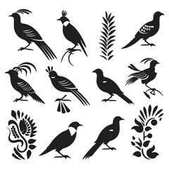 Obraz na płótnie Canvas Quetzal silhouettes and icons. Black flat color simple elegant Quetzal animal vector and illustration.