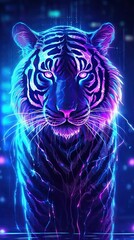 Neon light Tiger animal on black background. Portrait of glow light animal. Generative AI