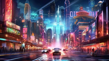 A futuristic cityscape with sleek skyscrapers and neon lights illuminating the night. Colorful illustration art. Generative AI