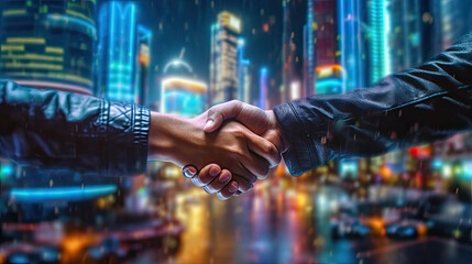 Business shaking hands, finishing up meeting. Successful businessmen handshaking after good deal. Business partner support together. Generative AI
