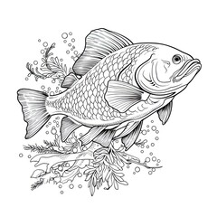 Salmon fish animal line art illustration. Black and white coloring page style art. Generative AI