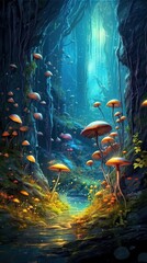 A mystical enchanted forest with glowing mushrooms and ethereal creatures. Colorful illustration art. Generative AI