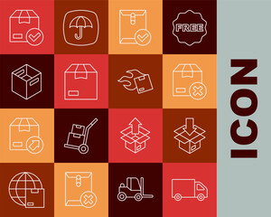 Set line Delivery cargo truck, Carton cardboard box, Envelope and check mark, ackage with and icon. Vector