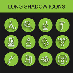 Set line Pipette, Test tube, Molecule, Radioactive, Alcohol or spirit burner, and icon. Vector