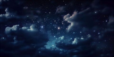 Naklejka na ściany i meble Fluffy volumetric clouds night dark blue purple sky with stars background.