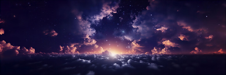 Naklejka na ściany i meble Fluffy volumetric clouds night dark blue purple sky with stars background.