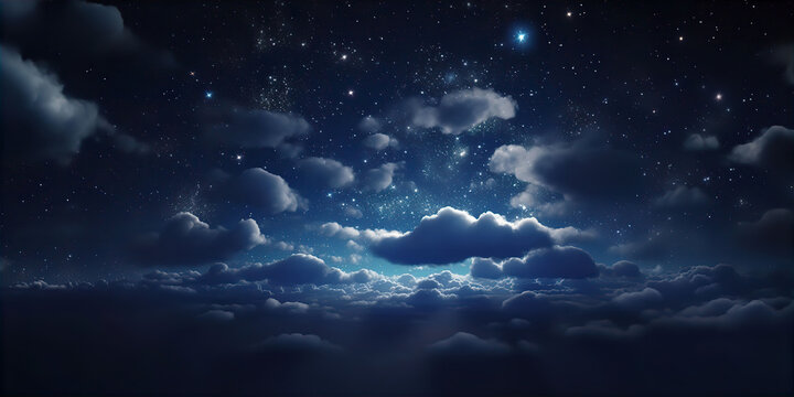 Fluffy volumetric clouds night dark blue purple sky with stars background.