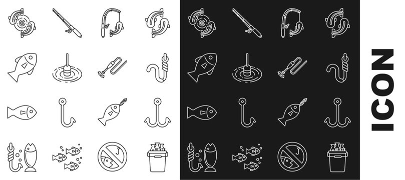 Set line Fishing bucket with fishes, hook, and worm, rod, float water, and line icon. Vector