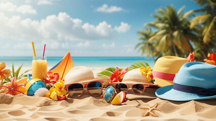 summer beach scene, Tropical vacation concept, beach accessories, hat, sunglasses, toys, using Generative Ai