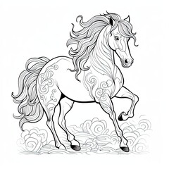 Obraz na płótnie Canvas Horse animal line art illustration. Black and white coloring page style art. Generative AI