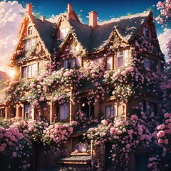 A huge two-storey house decorated with flowers with sunset lights in a very beautiful view