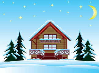 Obraz na płótnie Canvas Beautiful cosy winter wooden house with fir trees covered in snow. Happy New Year and Merry Christmas colorful vector illustration