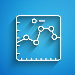 White line Browser with stocks market growth graphs and money icon isolated on blue background. Monitor with stock charts arrow on screen. Long shadow. Vector