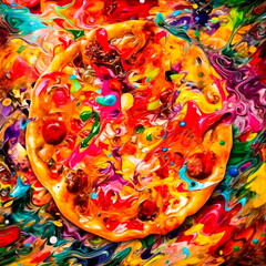 Concept art of a colored pizza with an explosion of paint and ingredients on a bright background.Generative AI