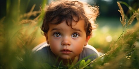 Portrait of a cute little boy lying on the grass in the park. 