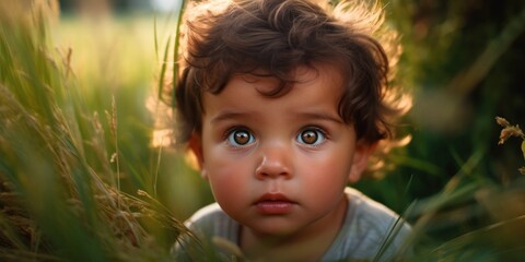 Portrait of a cute little boy lying on the grass in the park. Portrait of a cute little boy lying in the grass and looking at the camera.