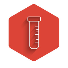 White line Test tube and flask chemical laboratory test icon isolated with long shadow. Laboratory glassware sign. Red hexagon button. Vector