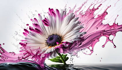 Gerbera flower with a splash of bright paint.Generative AI